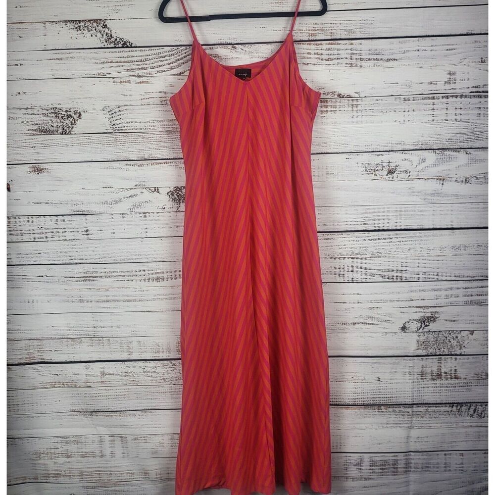Snap Maxi Dress 1X Womens Plus Size Pink Orange‎ Striped V Neck Pullover